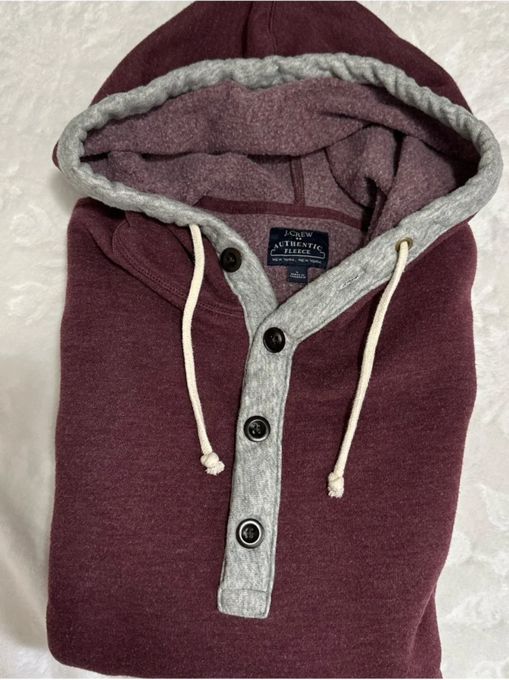 J.Crew Authentic Fleece Burgundy Henley Pullover Hoodie Large